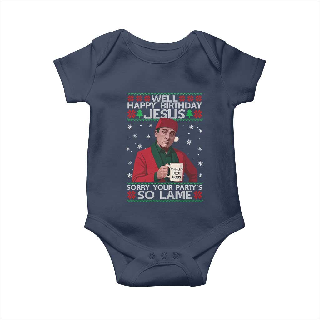 Funny Christmas The Office Movie Baby Onesie Well Happy Birthday Jesus Sorry Your Party Is So Lame - Wonder Print Shop