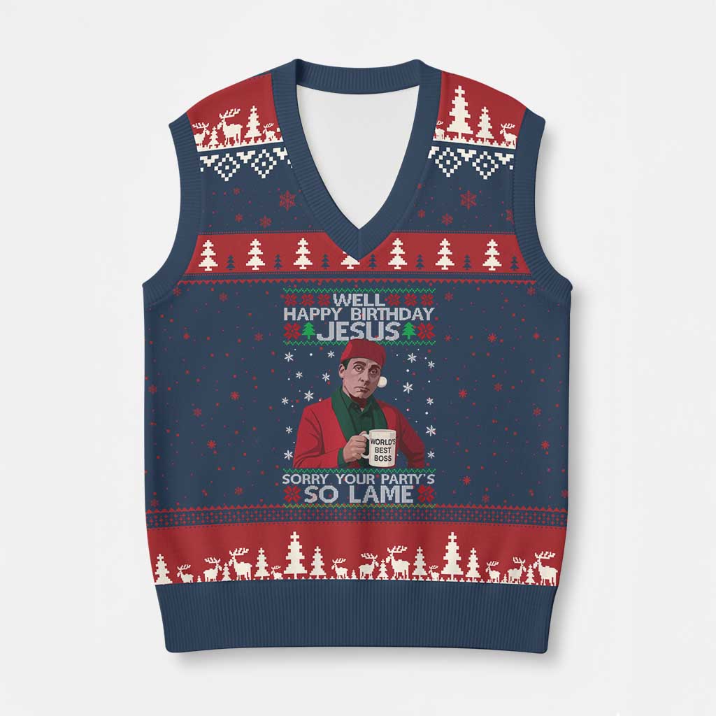 Funny Xmas The Office Movie V-Neck Knit Sweater Vest Well Happy Birthday Jesus Sorry Your Party Is So Lame - Wonder Print Shop