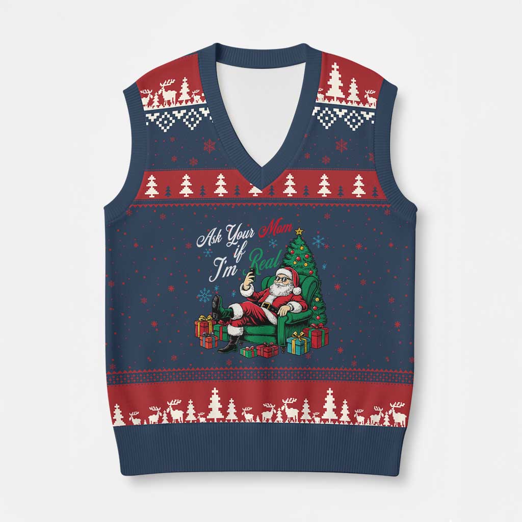 Funny Santa Ask Your Mom If I Am Real V-Neck Knit Sweater Vest Funny Dirty Xmas Inappropriate Adult Humor - Wonder Print Shop