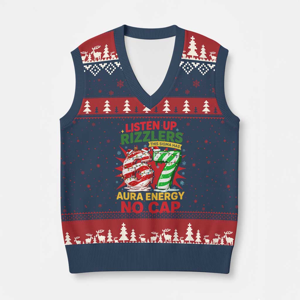 Funny Xmas 67 Meme V-Neck Knit Sweater Vest Listen Up Rizzlers This Sigma Has 67 Aura Energy No Cap - Wonder Print Shop