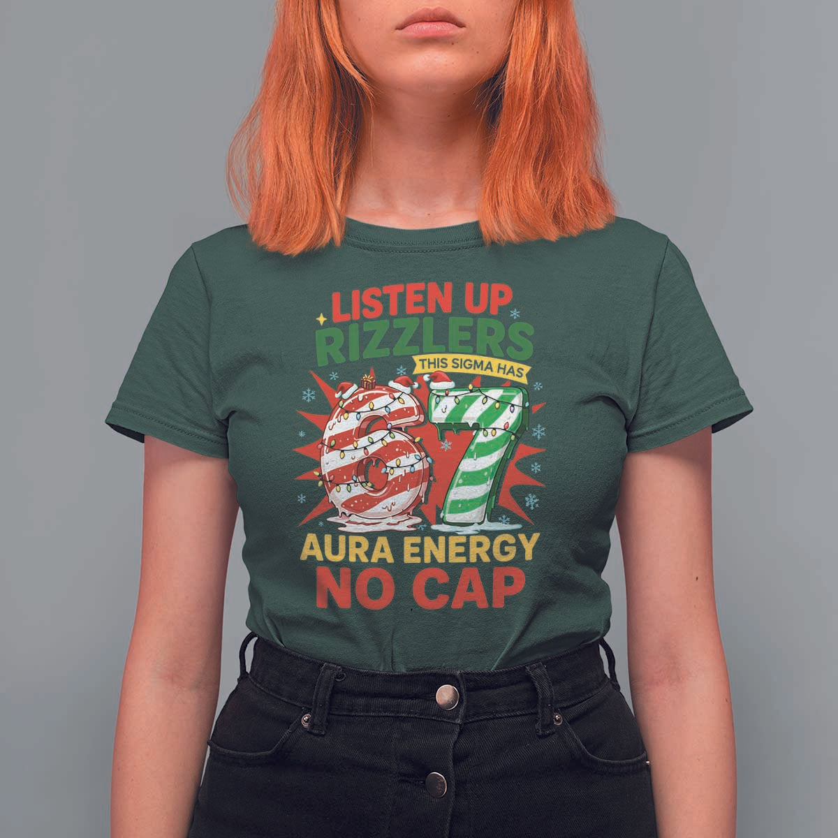 Funny Christmas 67 Meme T Shirt For Women Listen Up Rizzlers This Sigma Has 67 Aura Energy No Cap - Wonder Print Shop