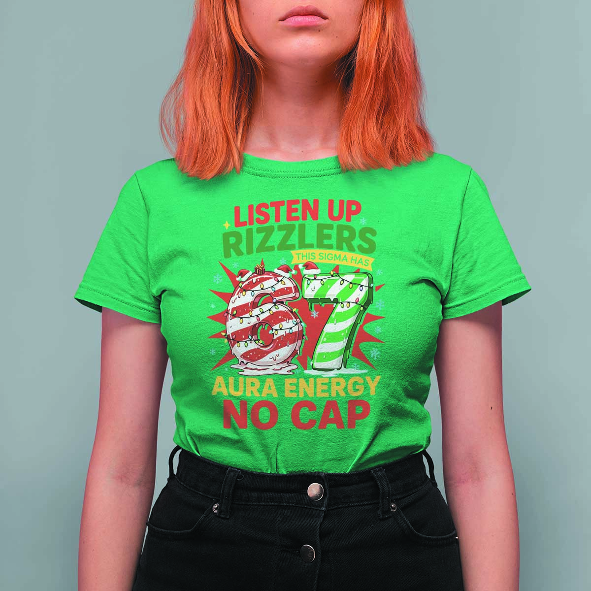 Funny Christmas 67 Meme T Shirt For Women Listen Up Rizzlers This Sigma Has 67 Aura Energy No Cap - Wonder Print Shop