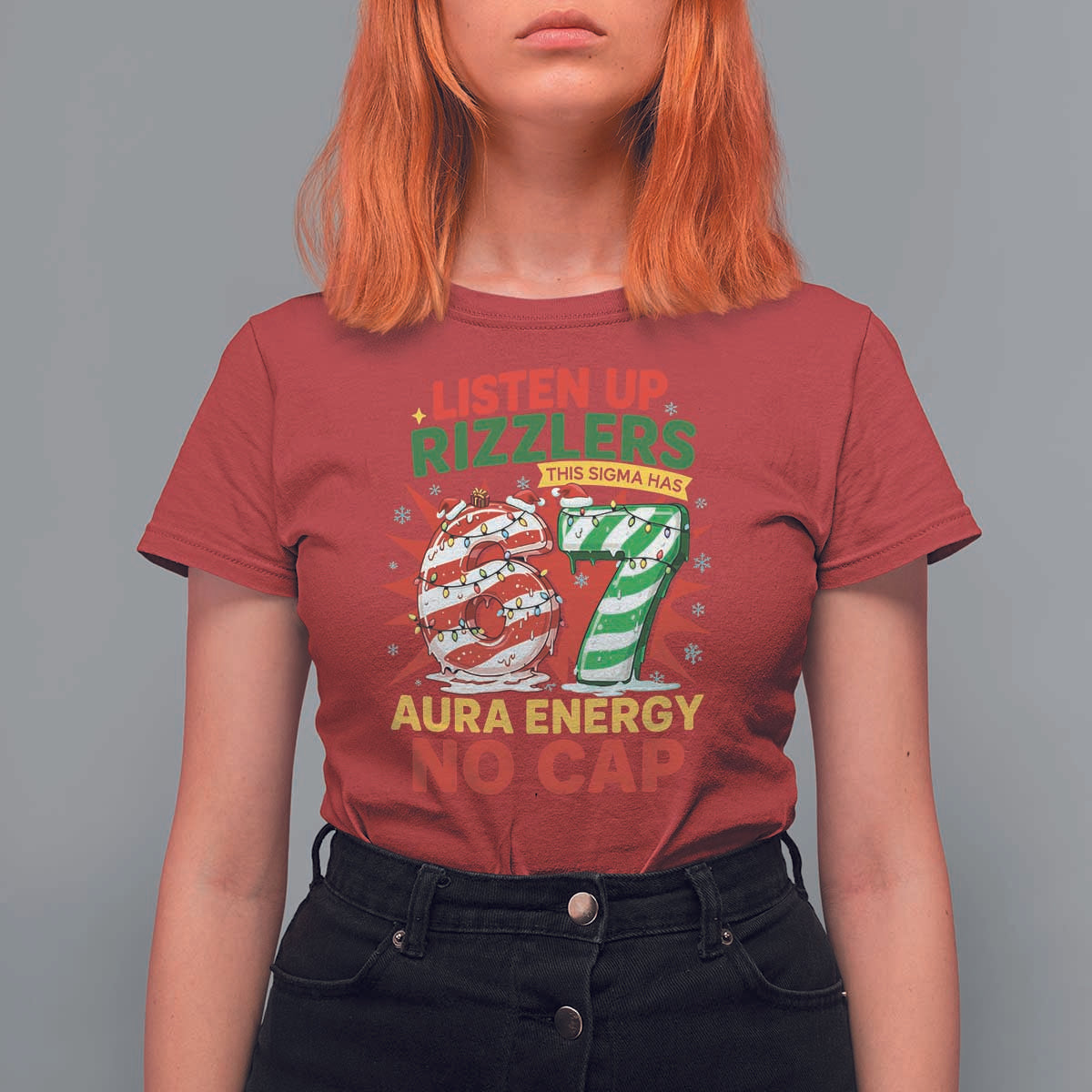 Funny Christmas 67 Meme T Shirt For Women Listen Up Rizzlers This Sigma Has 67 Aura Energy No Cap - Wonder Print Shop