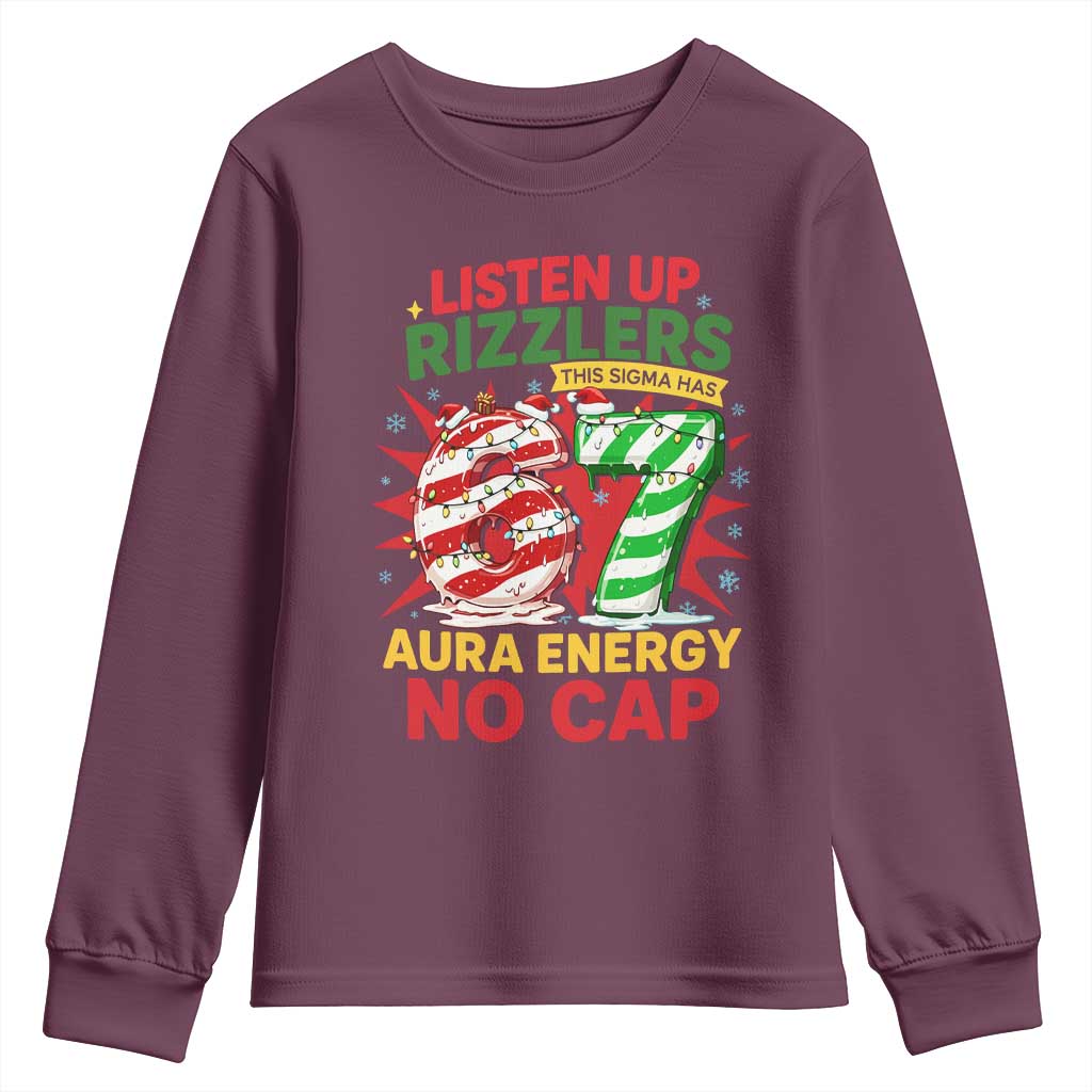 Funny Christmas 67 Meme Youth Sweatshirt Listen Up Rizzlers This Sigma Has 67 Aura Energy No Cap - Wonder Print Shop