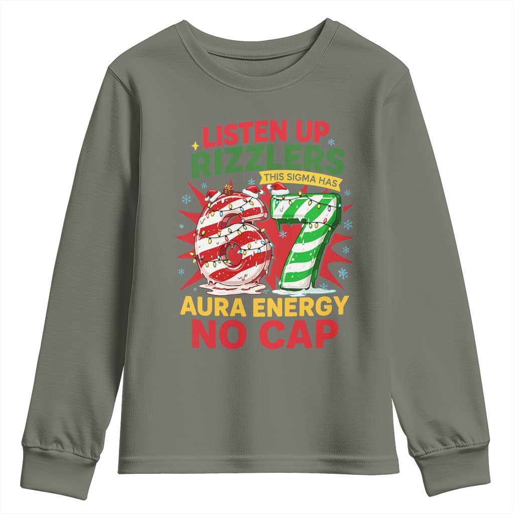 Funny Christmas 67 Meme Youth Sweatshirt Listen Up Rizzlers This Sigma Has 67 Aura Energy No Cap - Wonder Print Shop