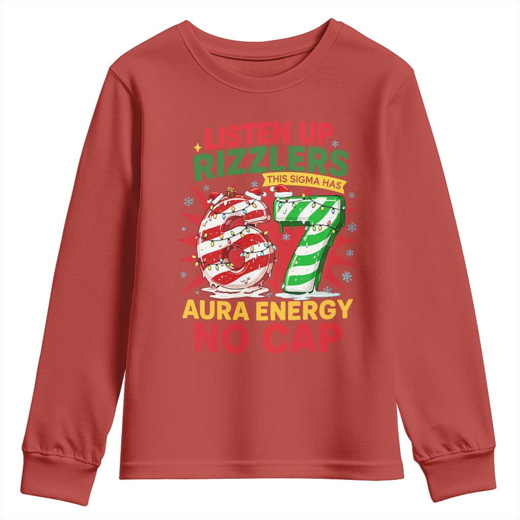 Funny Christmas 67 Meme Youth Sweatshirt Listen Up Rizzlers This Sigma Has 67 Aura Energy No Cap - Wonder Print Shop