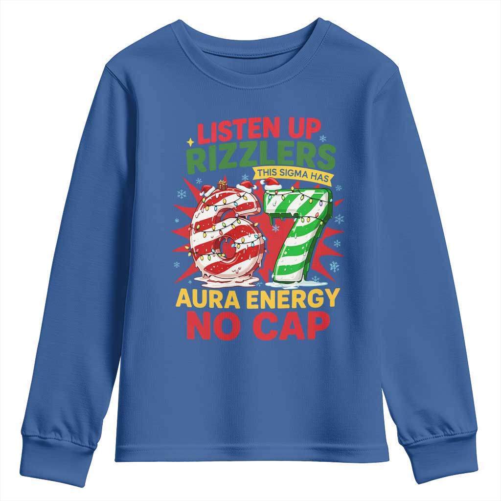 Funny Christmas 67 Meme Youth Sweatshirt Listen Up Rizzlers This Sigma Has 67 Aura Energy No Cap - Wonder Print Shop