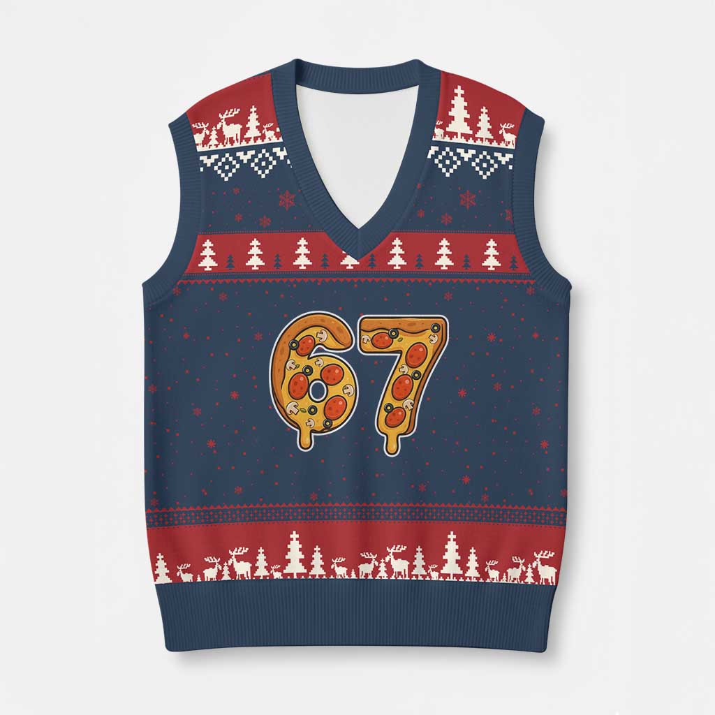 Funny 67 Pizza Lover V-Neck Knit Sweater Vest Six Seven Gen Alpha Slang - Wonder Print Shop