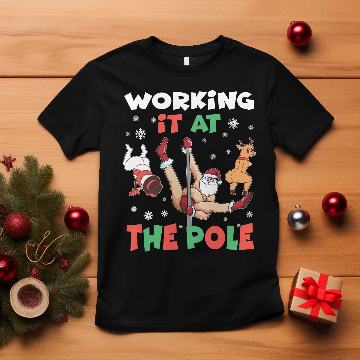 Funny Christmas Naughty Santa T Shirt Working It At The Pole - Wonder Print Shop