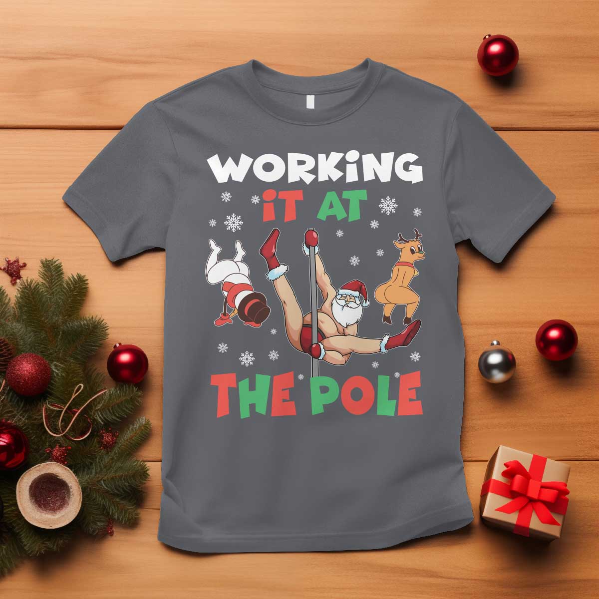 Funny Christmas Naughty Santa T Shirt Working It At The Pole - Wonder Print Shop