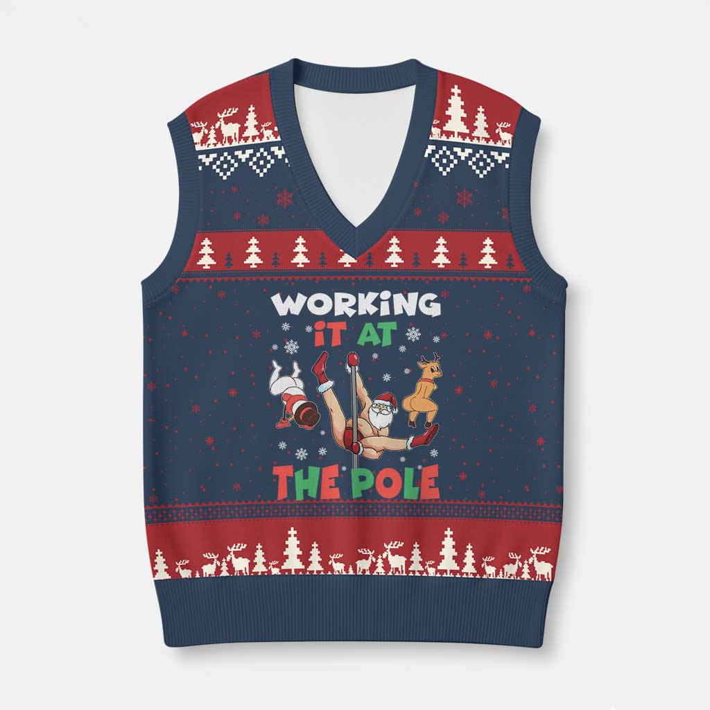 Funny Xmas Naughty Santa V-Neck Knit Sweater Vest Working It At The Pole - Wonder Print Shop