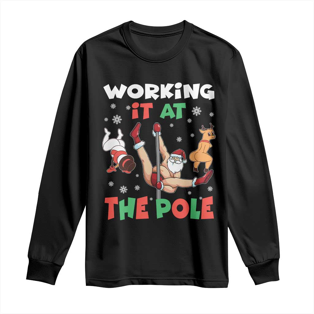 Funny Christmas Naughty Santa Long Sleeve Shirt Working It At The Pole - Wonder Print Shop