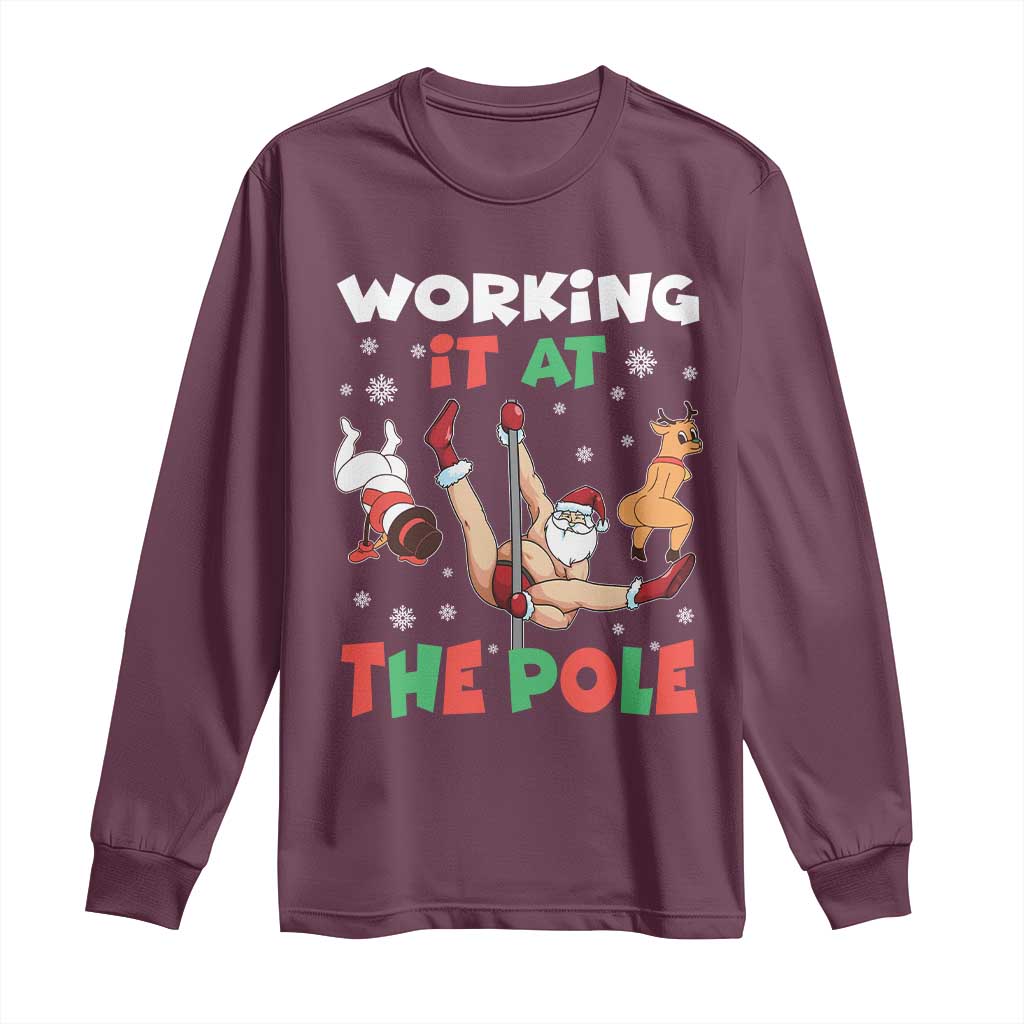 Funny Christmas Naughty Santa Long Sleeve Shirt Working It At The Pole - Wonder Print Shop