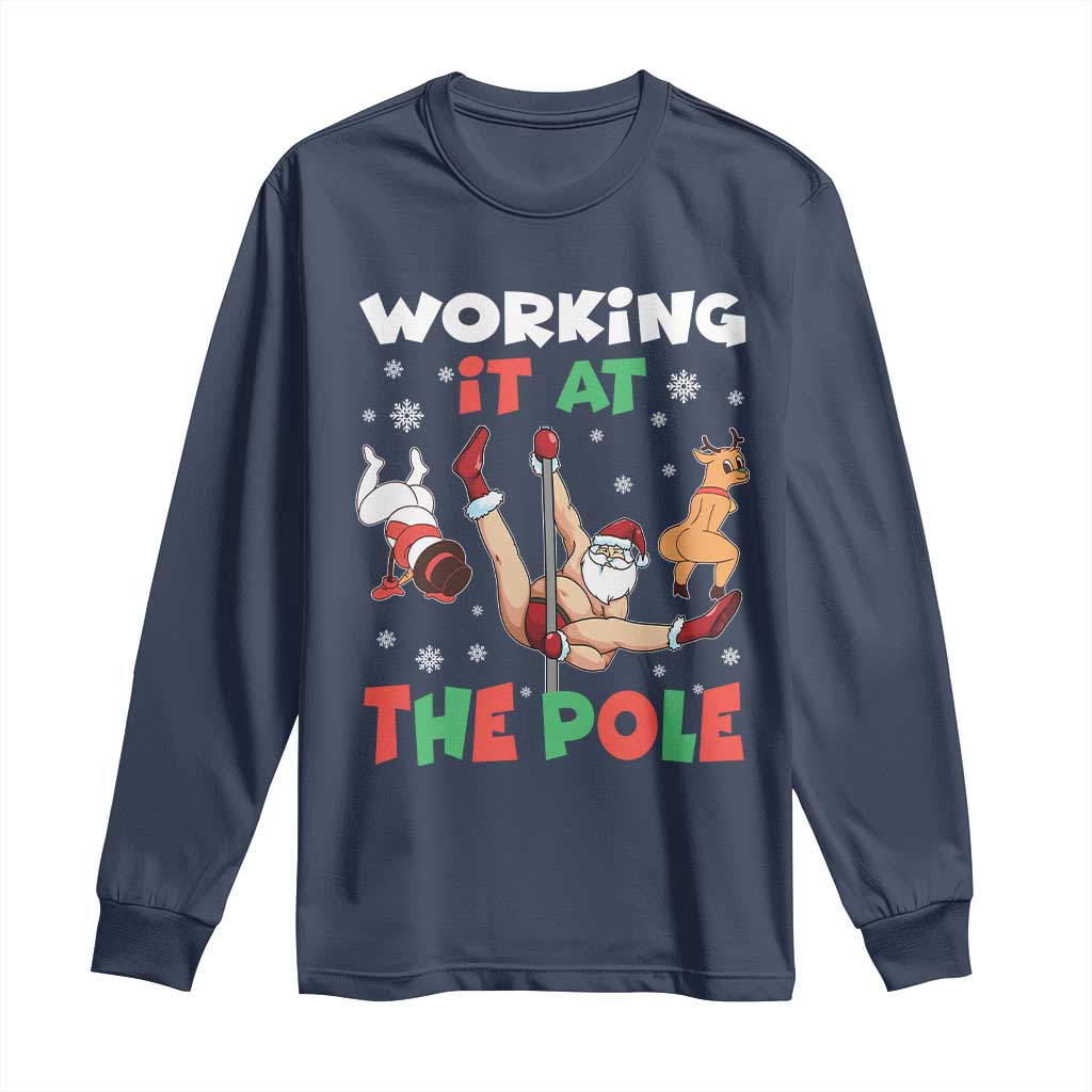 Funny Christmas Naughty Santa Long Sleeve Shirt Working It At The Pole - Wonder Print Shop