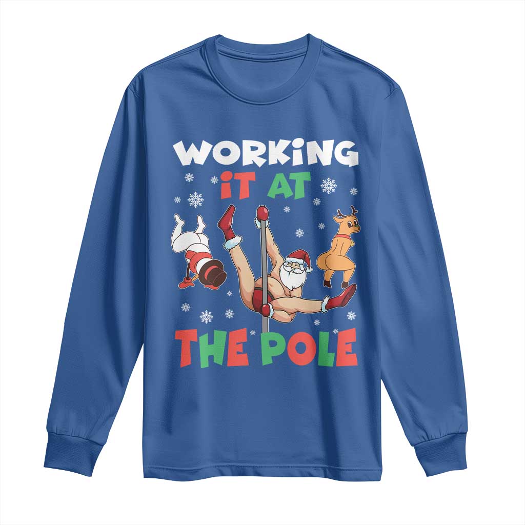 Funny Christmas Naughty Santa Long Sleeve Shirt Working It At The Pole - Wonder Print Shop