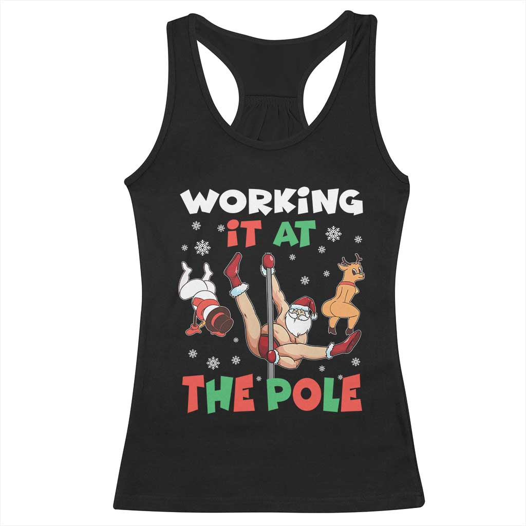 Funny Christmas Naughty Santa Racerback Tank Top Working It At The Pole - Wonder Print Shop