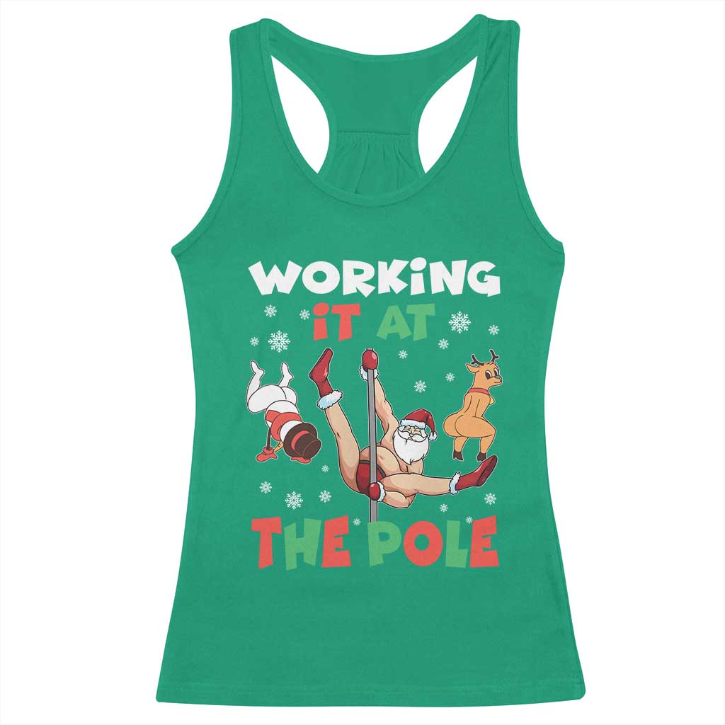 Funny Christmas Naughty Santa Racerback Tank Top Working It At The Pole - Wonder Print Shop