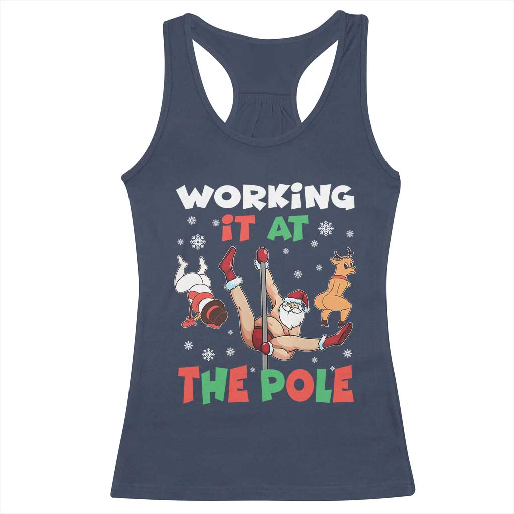 Funny Christmas Naughty Santa Racerback Tank Top Working It At The Pole - Wonder Print Shop