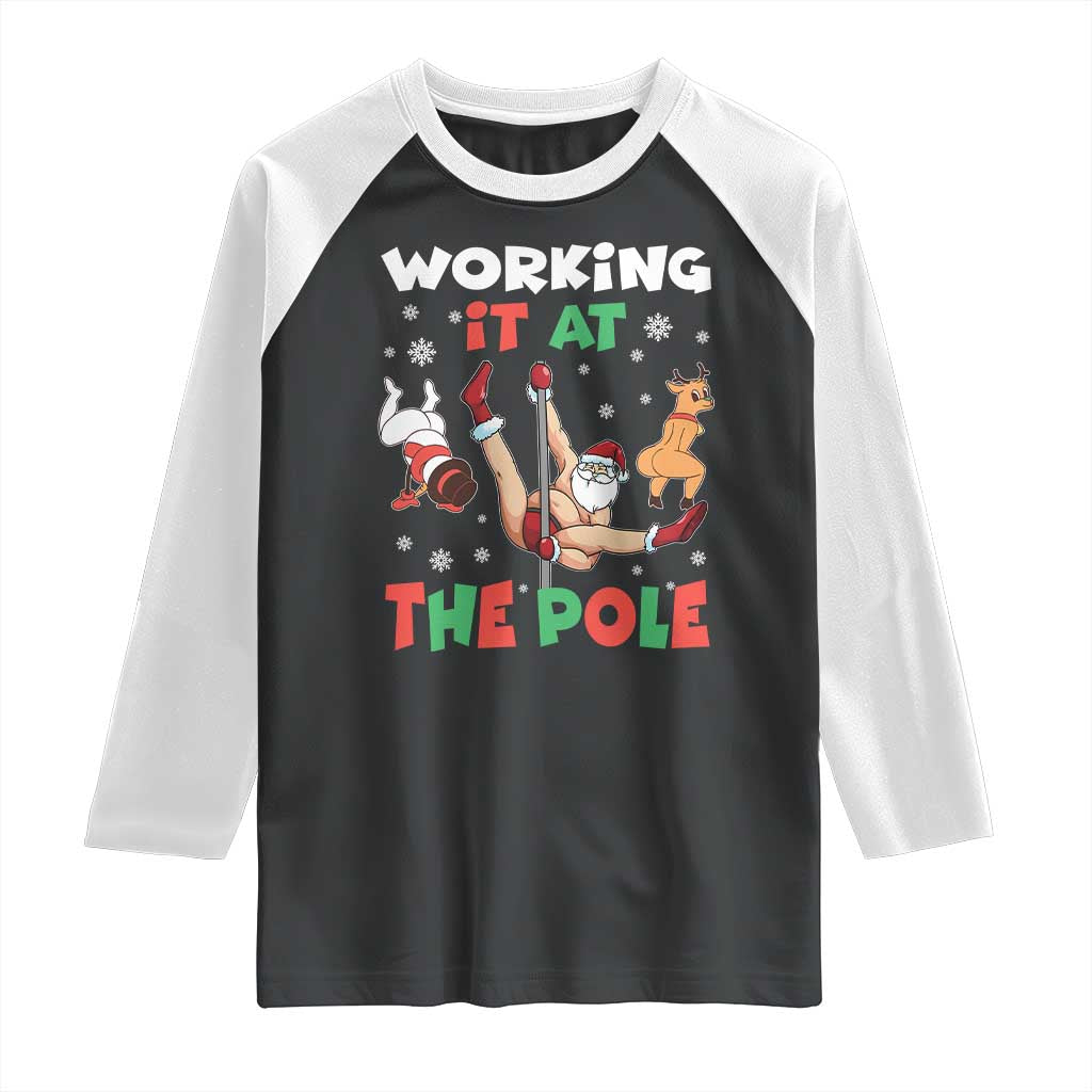 Funny Christmas Naughty Santa Raglan Shirt Working It At The Pole - Wonder Print Shop