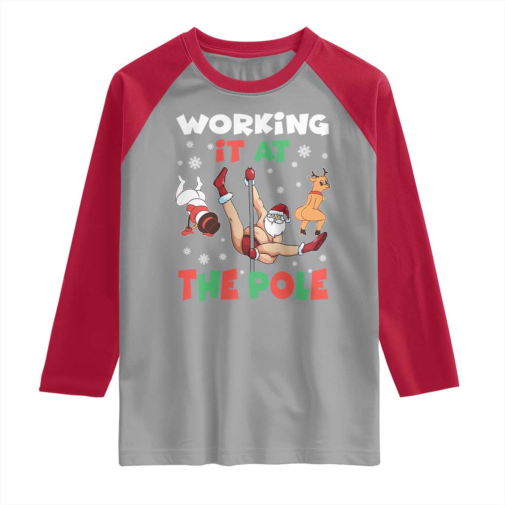 Funny Christmas Naughty Santa Raglan Shirt Working It At The Pole - Wonder Print Shop