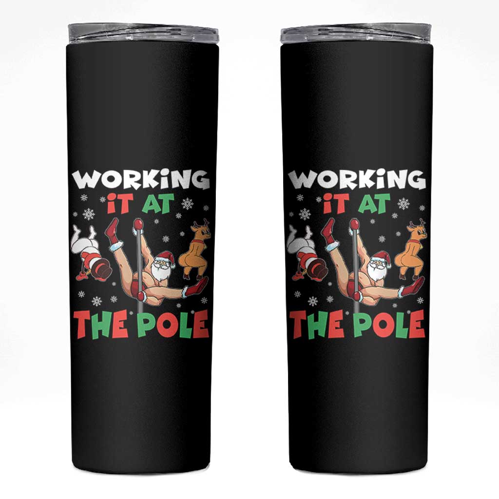 Funny Christmas Naughty Santa Skinny Tumbler Working It At The Pole - Wonder Print Shop