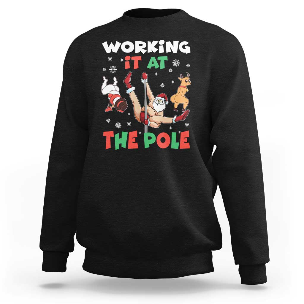 Funny Christmas Naughty Santa Sweatshirt Working It At The Pole - Wonder Print Shop