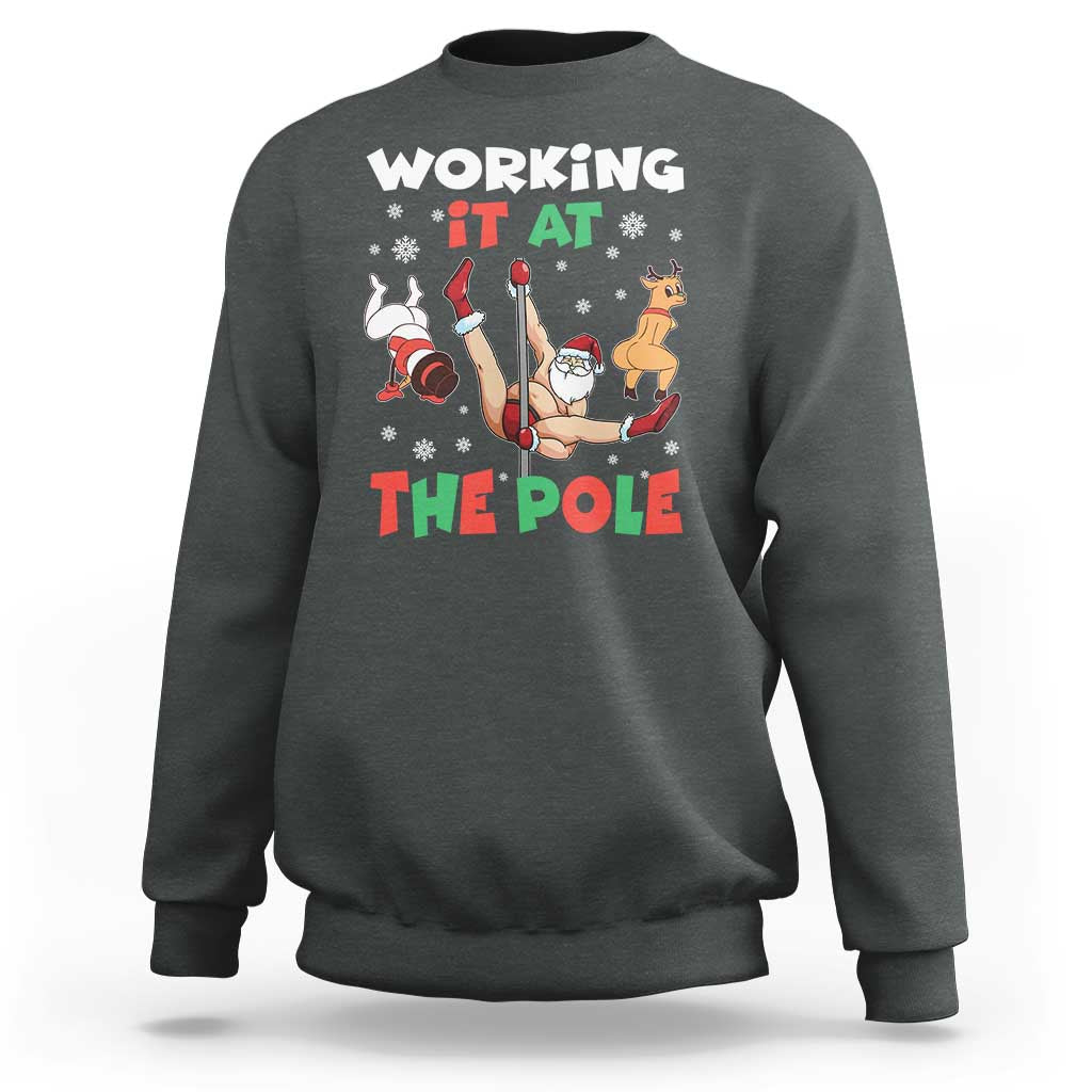 Funny Christmas Naughty Santa Sweatshirt Working It At The Pole - Wonder Print Shop