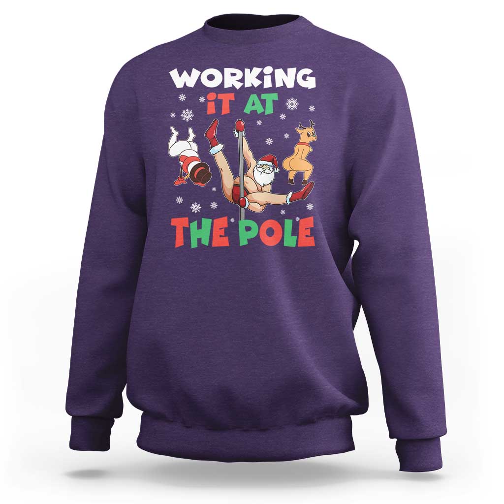 Funny Christmas Naughty Santa Sweatshirt Working It At The Pole - Wonder Print Shop