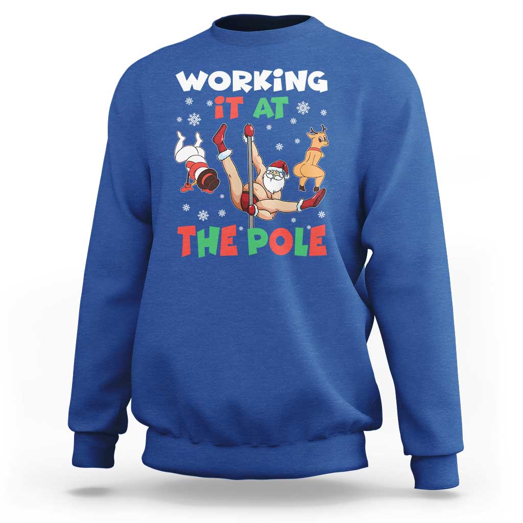 Funny Christmas Naughty Santa Sweatshirt Working It At The Pole - Wonder Print Shop