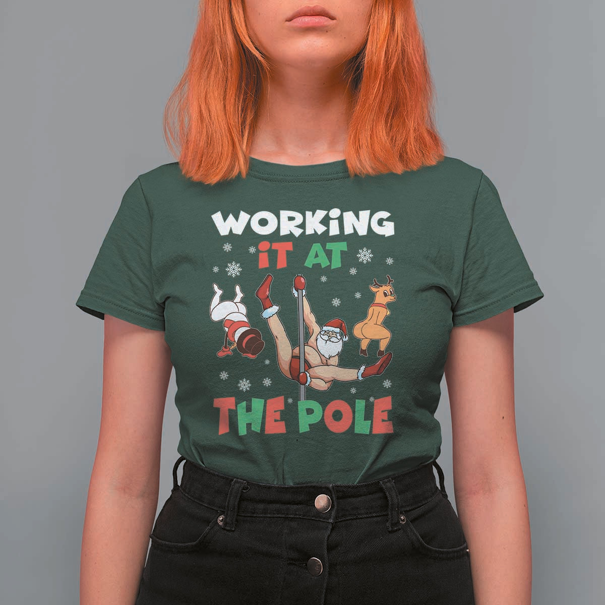 Funny Christmas Naughty Santa T Shirt For Women Working It At The Pole - Wonder Print Shop