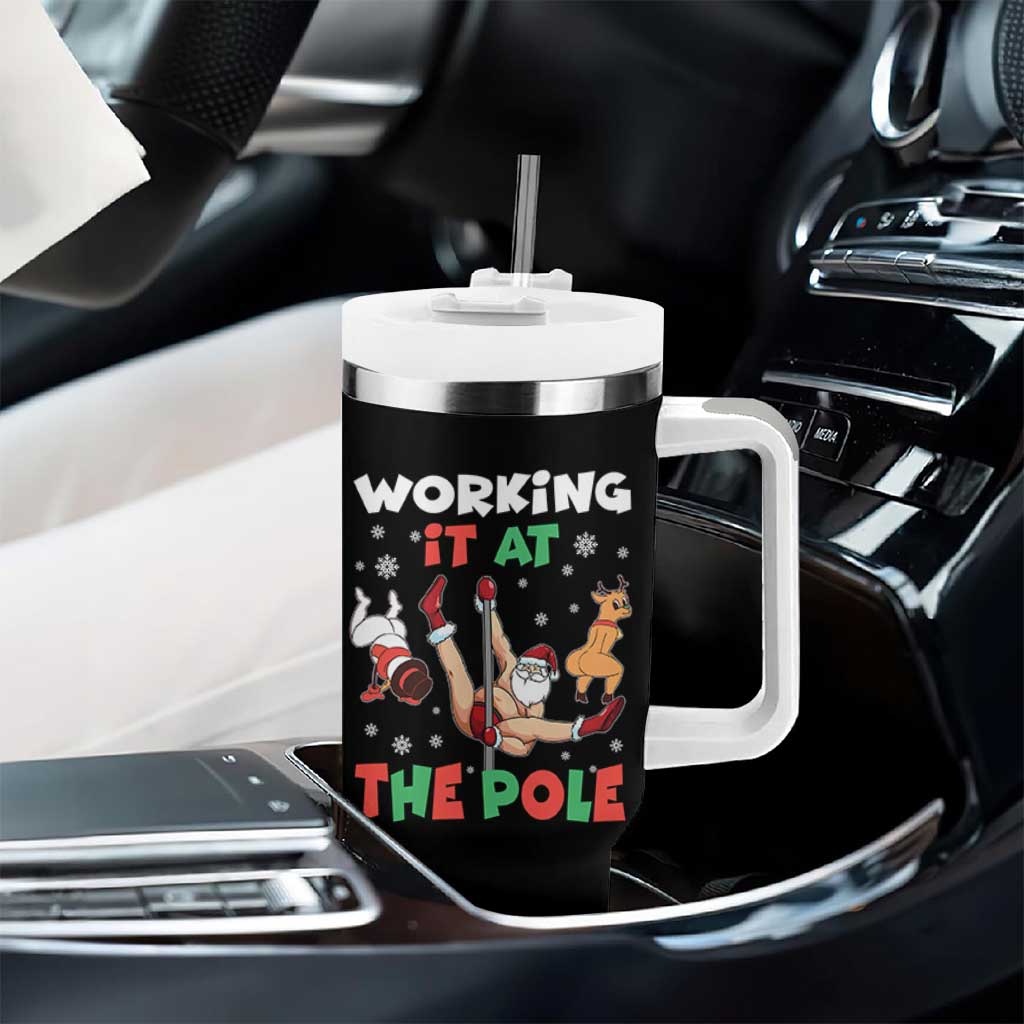 Funny Christmas Naughty Santa Tumbler With Handle Working It At The Pole - Wonder Print Shop