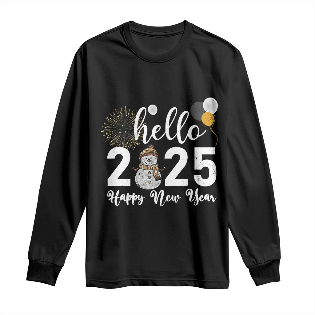 Hello 2025 Happy New Year Long Sleeve Shirt Snowman Firework New Year's Eve