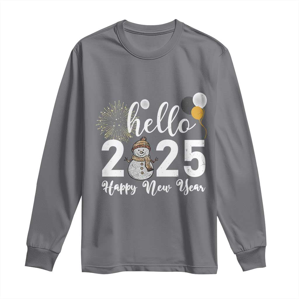Hello 2025 Happy New Year Long Sleeve Shirt Snowman Firework New Year's Eve
