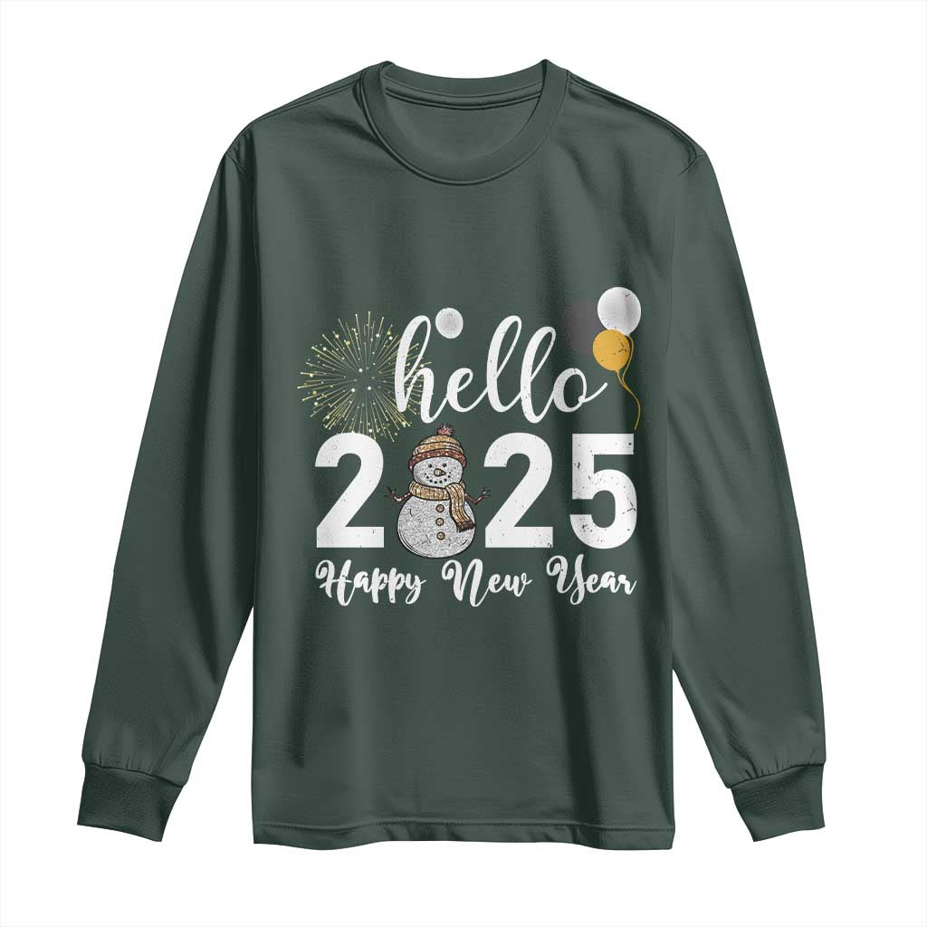 Hello 2025 Happy New Year Long Sleeve Shirt Snowman Firework New Year's Eve