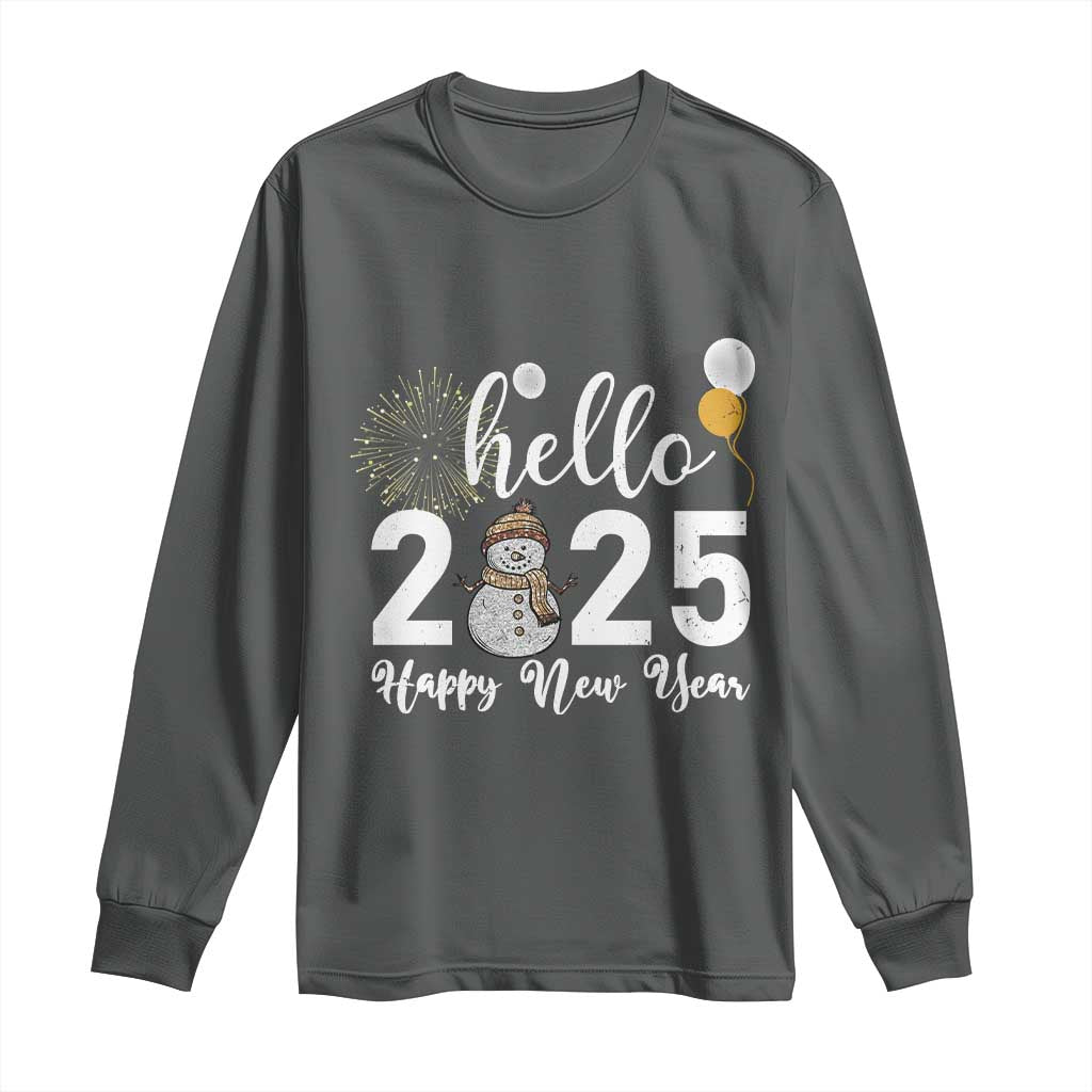 Hello 2025 Happy New Year Long Sleeve Shirt Snowman Firework New Year's Eve
