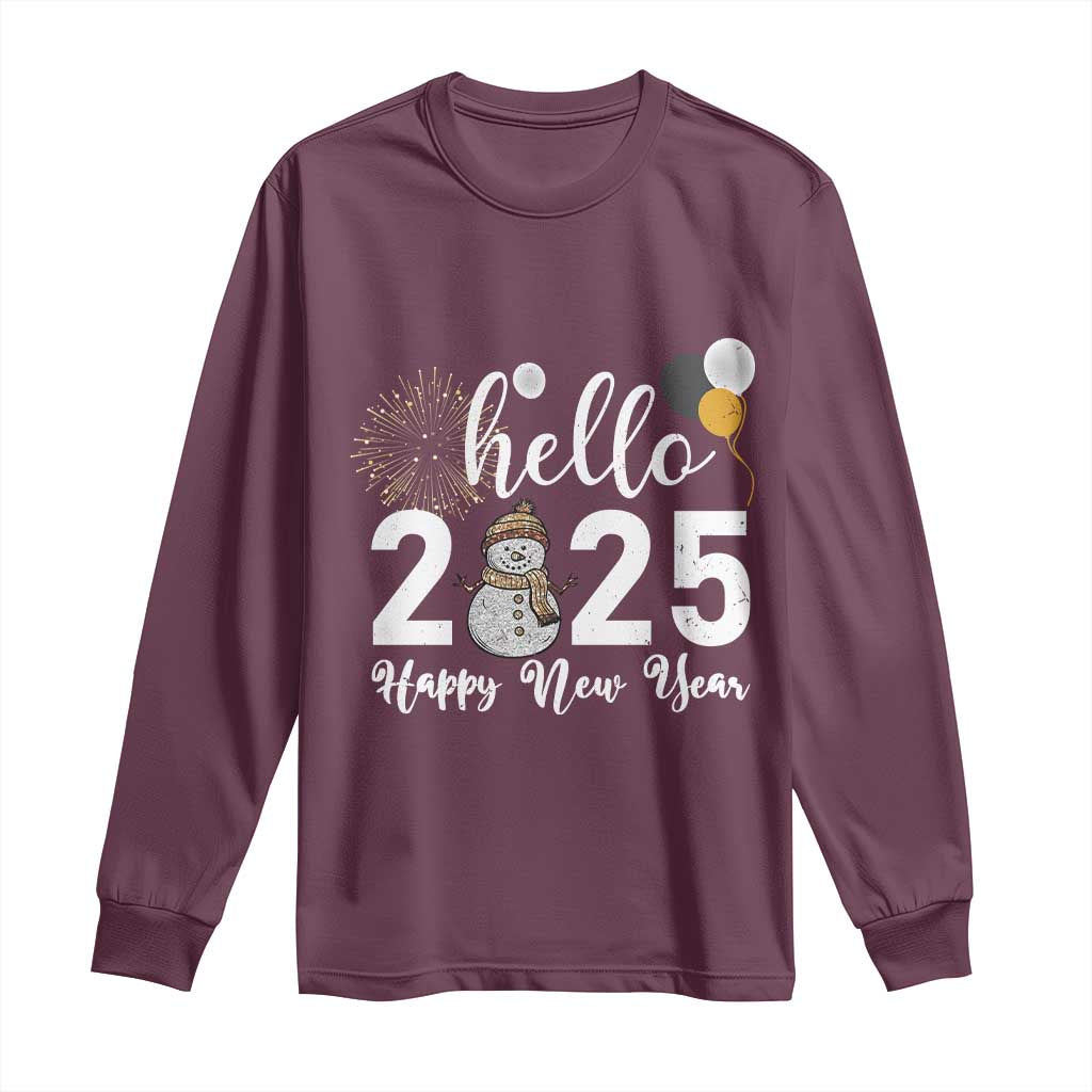 Hello 2025 Happy New Year Long Sleeve Shirt Snowman Firework New Year's Eve