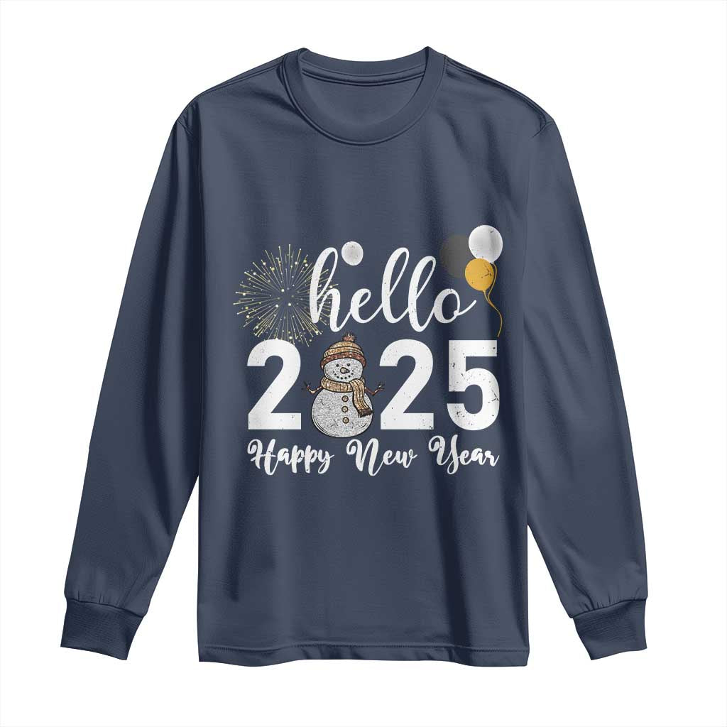 Hello 2025 Happy New Year Long Sleeve Shirt Snowman Firework New Year's Eve