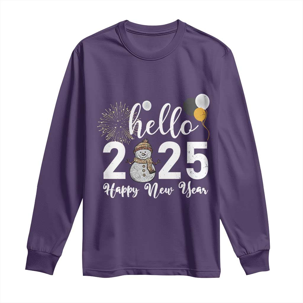 Hello 2025 Happy New Year Long Sleeve Shirt Snowman Firework New Year's Eve