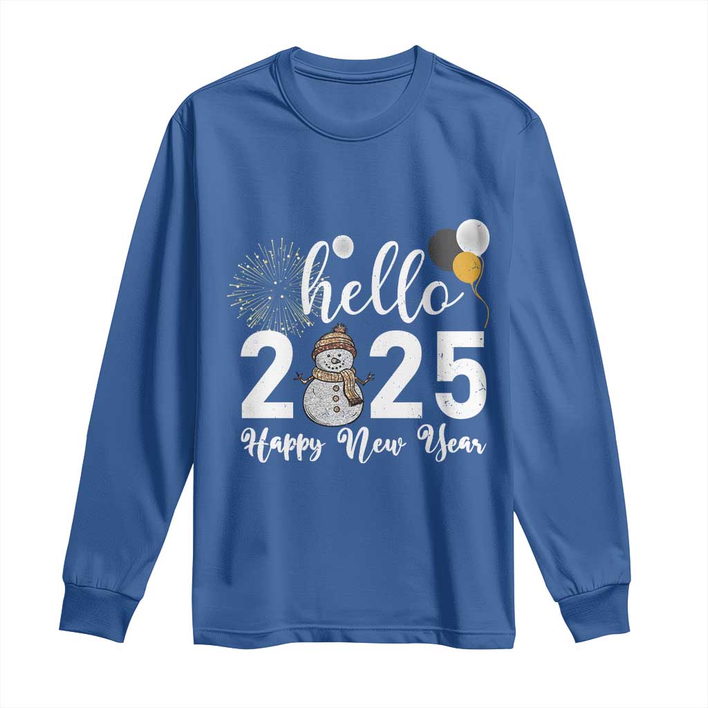 Hello 2025 Happy New Year Long Sleeve Shirt Snowman Firework New Year's Eve