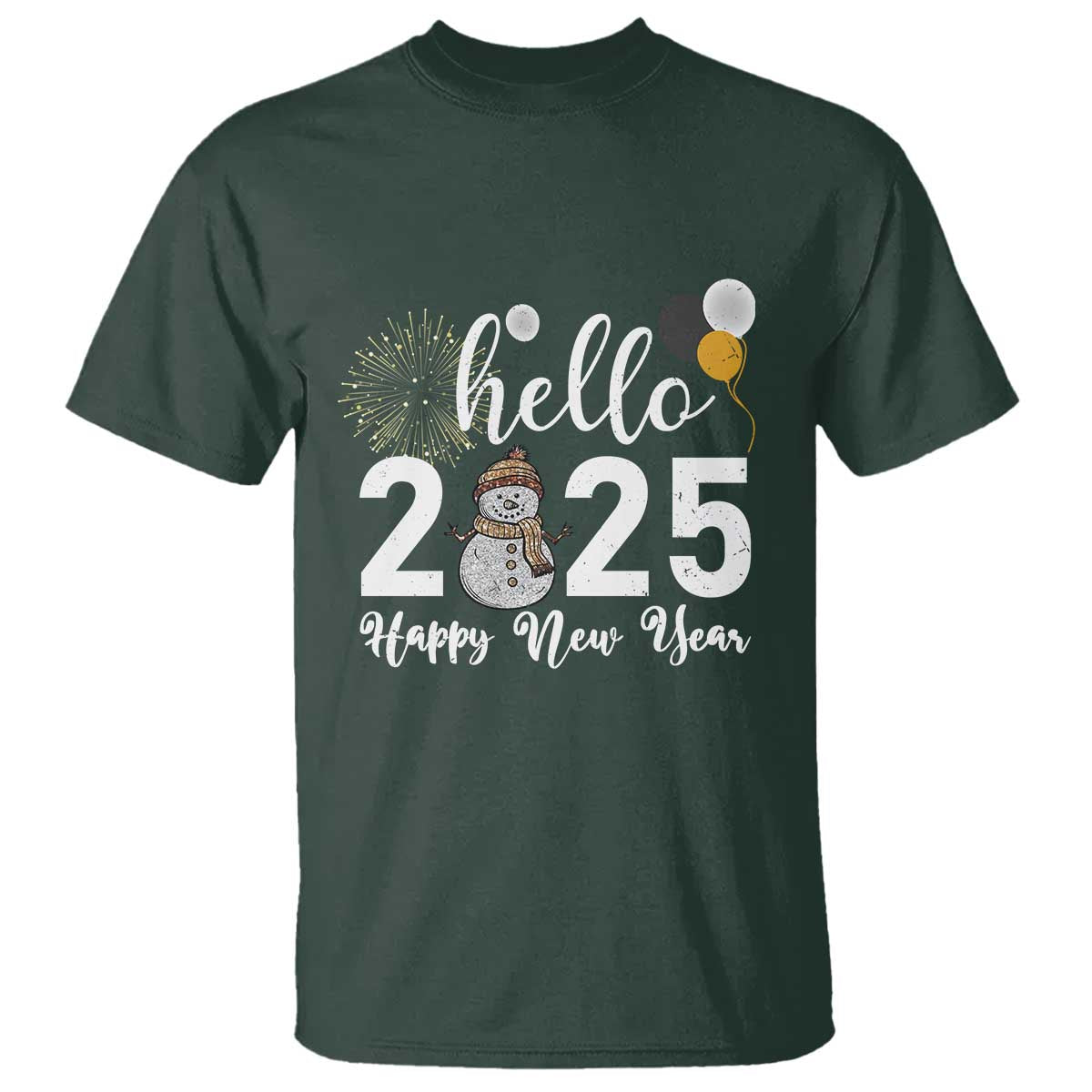 Hello 2025 Happy New Year T Shirt Snowman Firework New Year's Eve - Wonder Print Shop