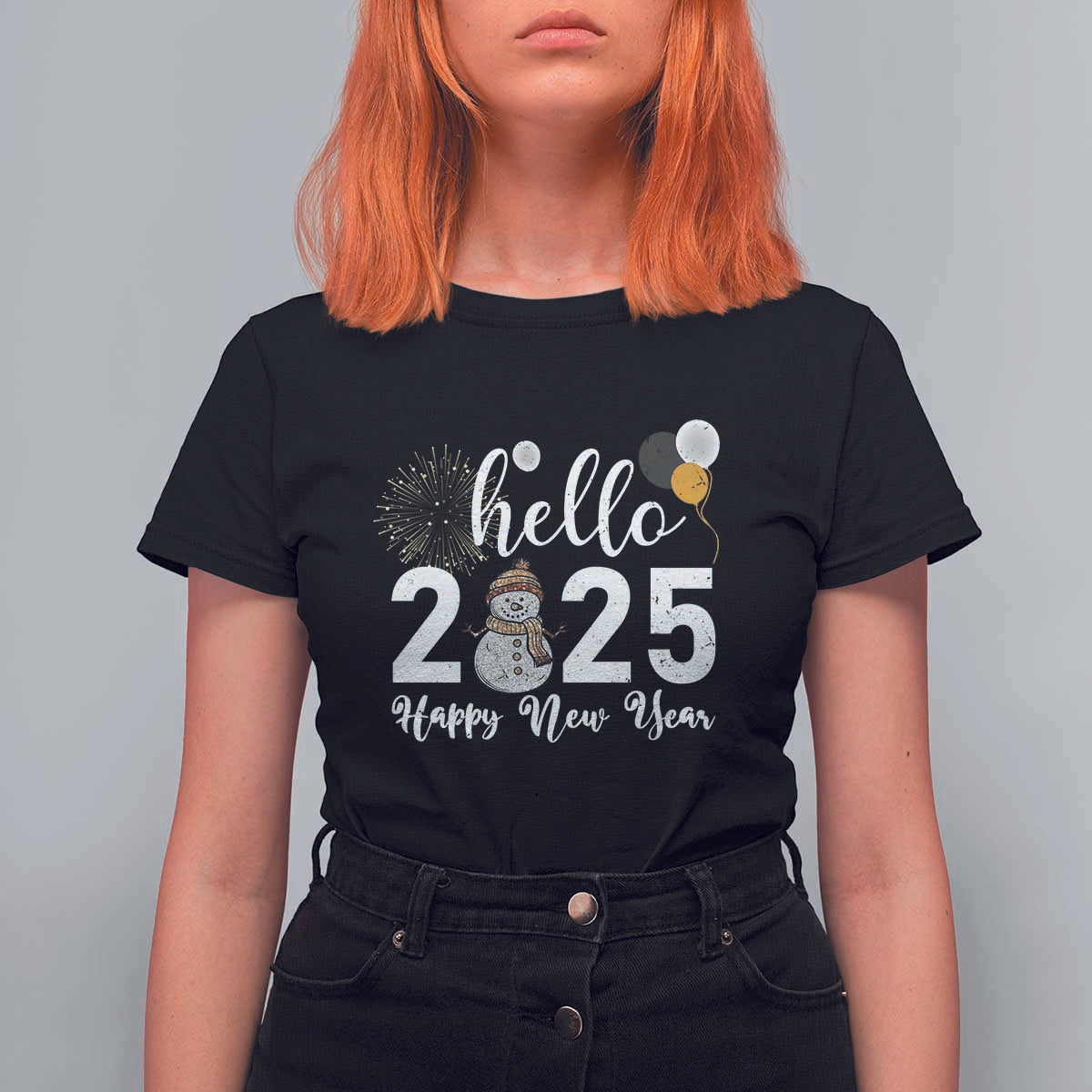 Hello 2025 Happy New Year T Shirt For Women Snowman Firework New Year's Eve - Wonder Print Shop