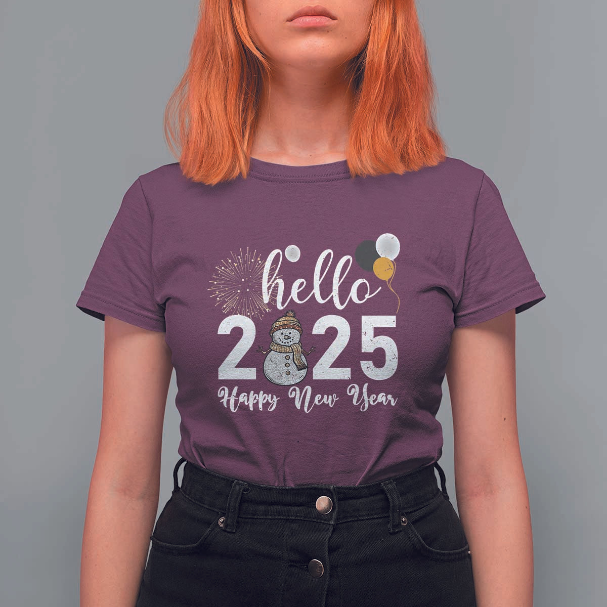 Hello 2025 Happy New Year T Shirt For Women Snowman Firework New Year's Eve - Wonder Print Shop