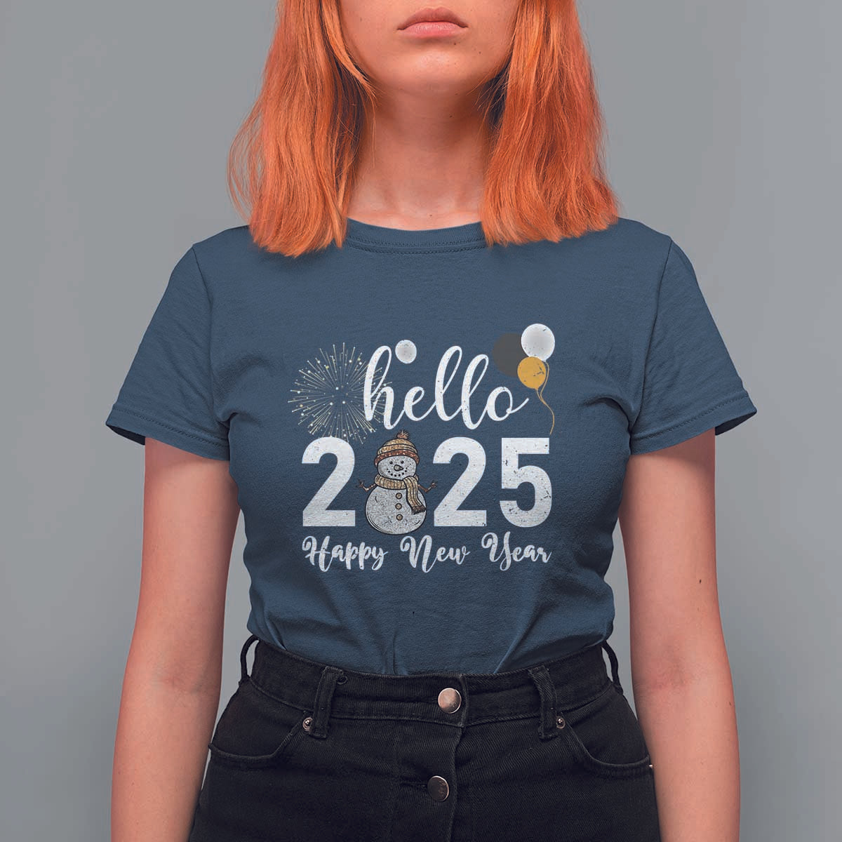 Hello 2025 Happy New Year T Shirt For Women Snowman Firework New Year's Eve - Wonder Print Shop
