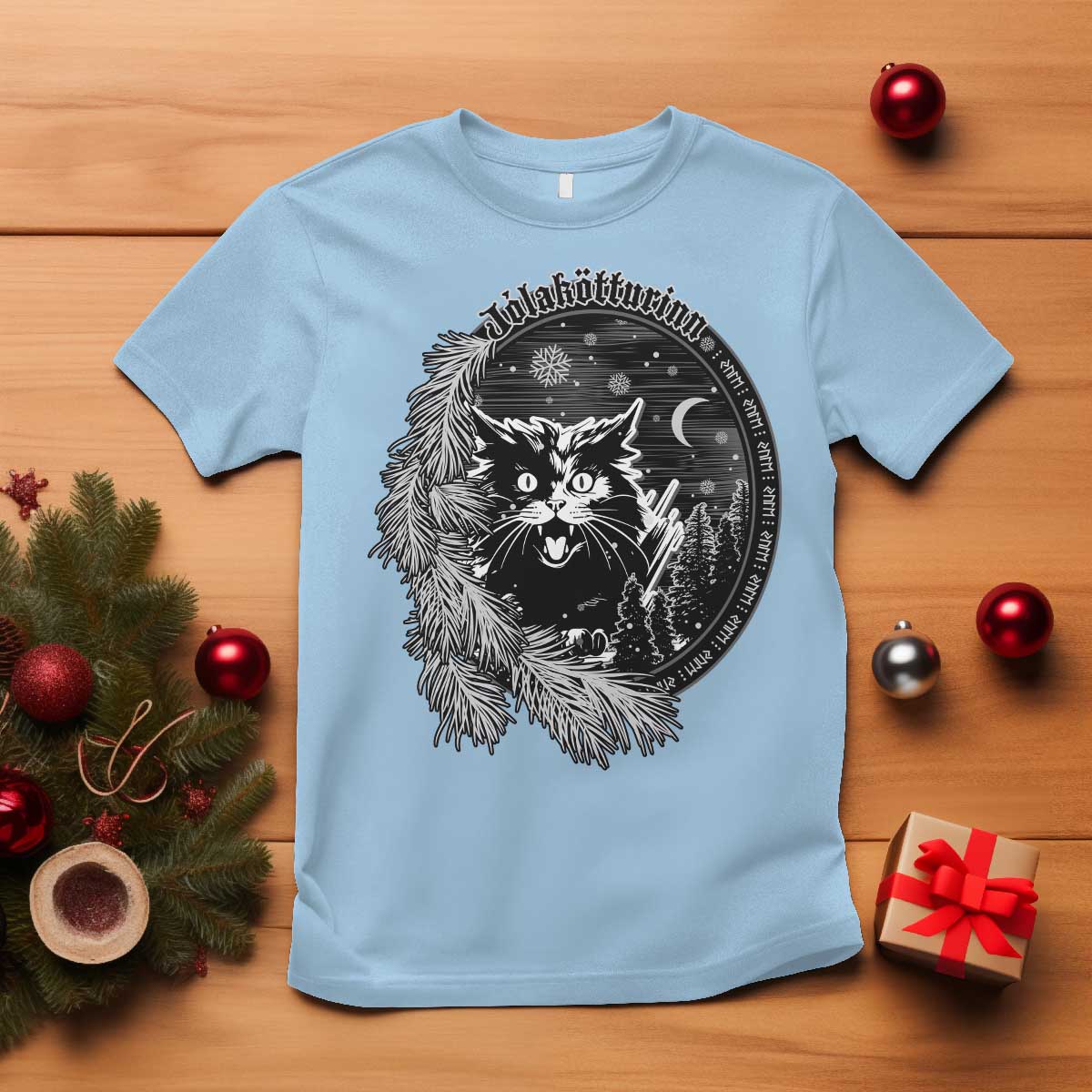 Funny Yule Black Cat Mistletoe Jolakotturinn T Shirt - Wonder Print Shop