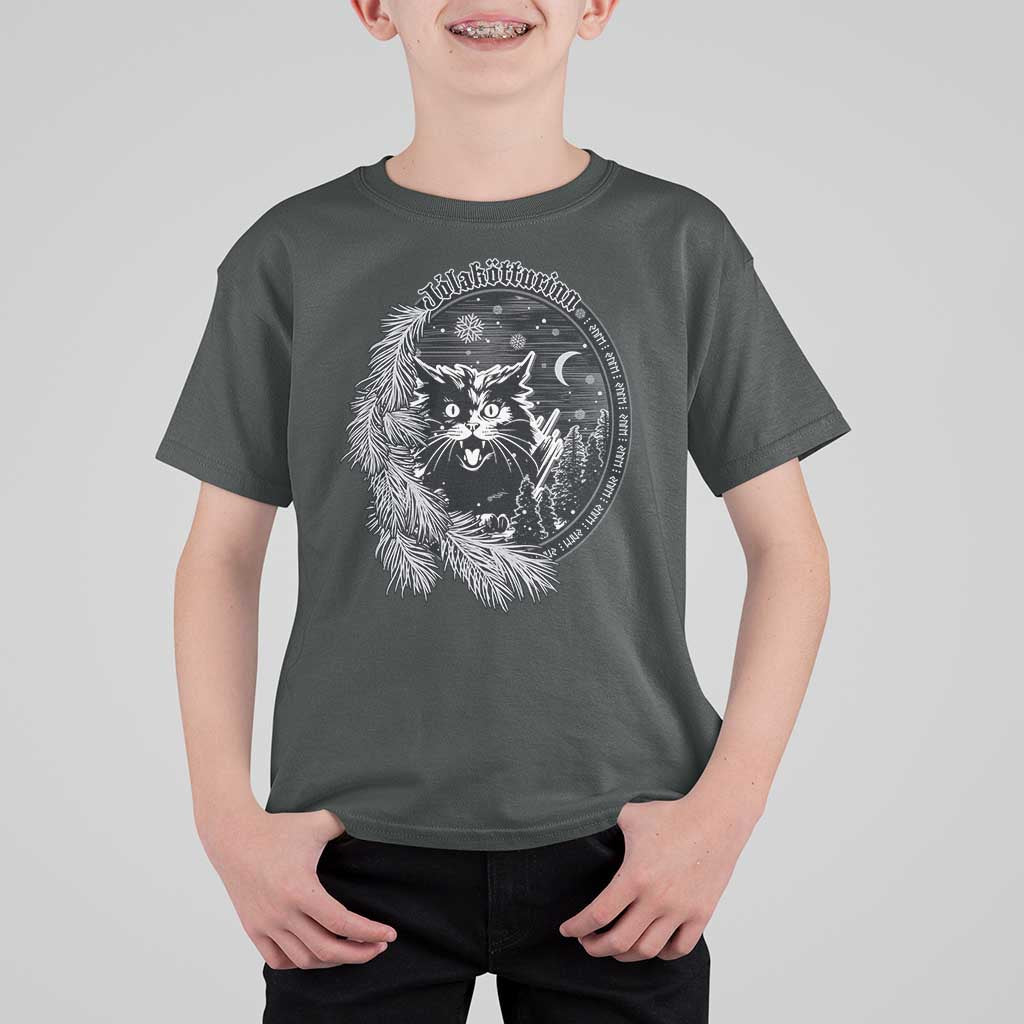 Funny Yule Black Cat Mistletoe Jolakotturinn T Shirt For Kid - Wonder Print Shop
