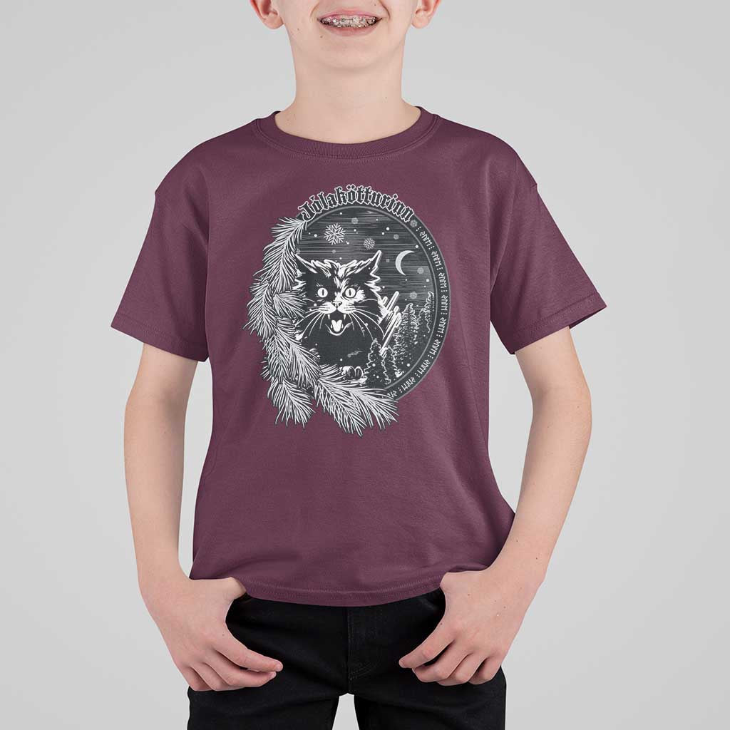 Funny Yule Black Cat Mistletoe Jolakotturinn T Shirt For Kid - Wonder Print Shop