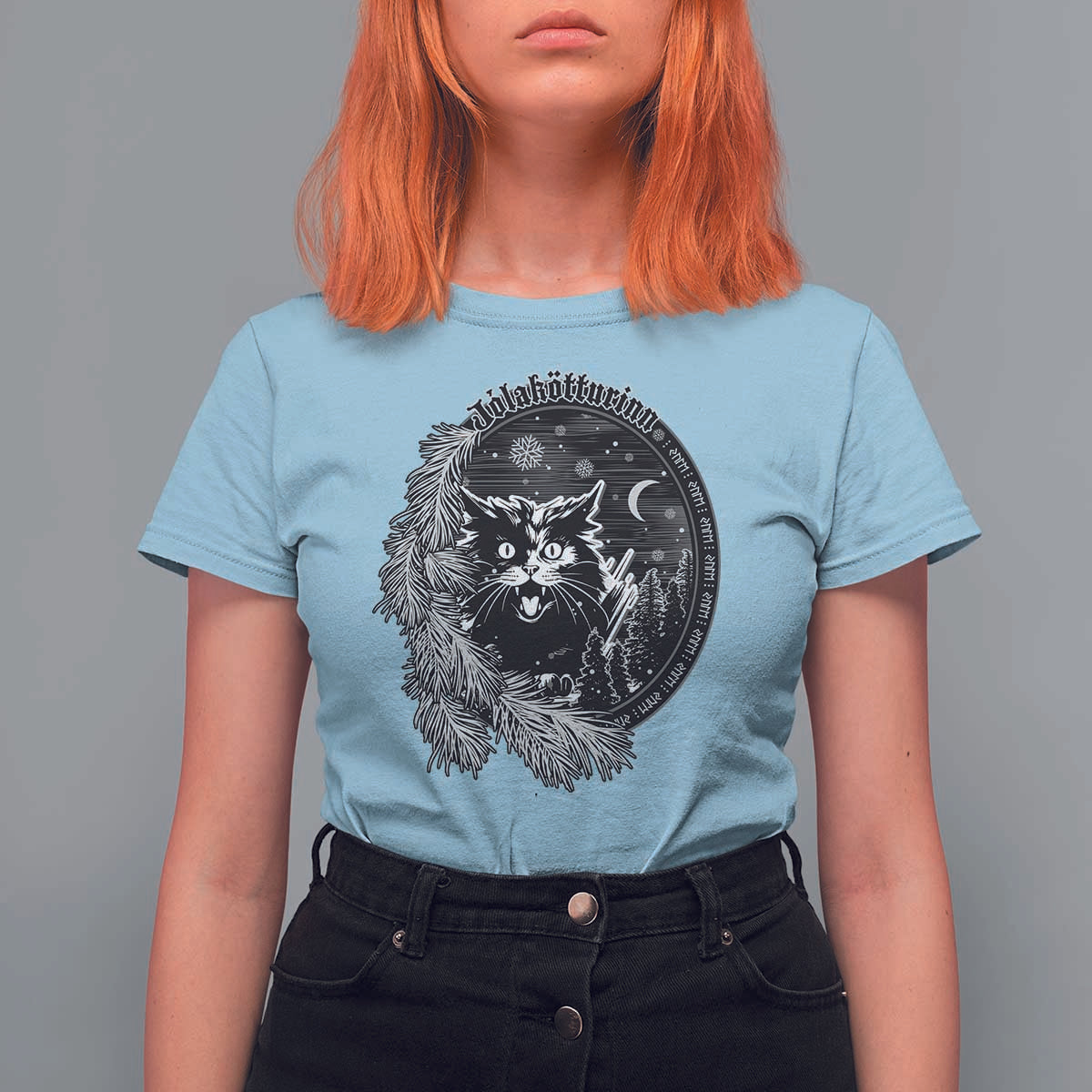 Funny Yule Black Cat Mistletoe Jolakotturinn T Shirt For Women - Wonder Print Shop