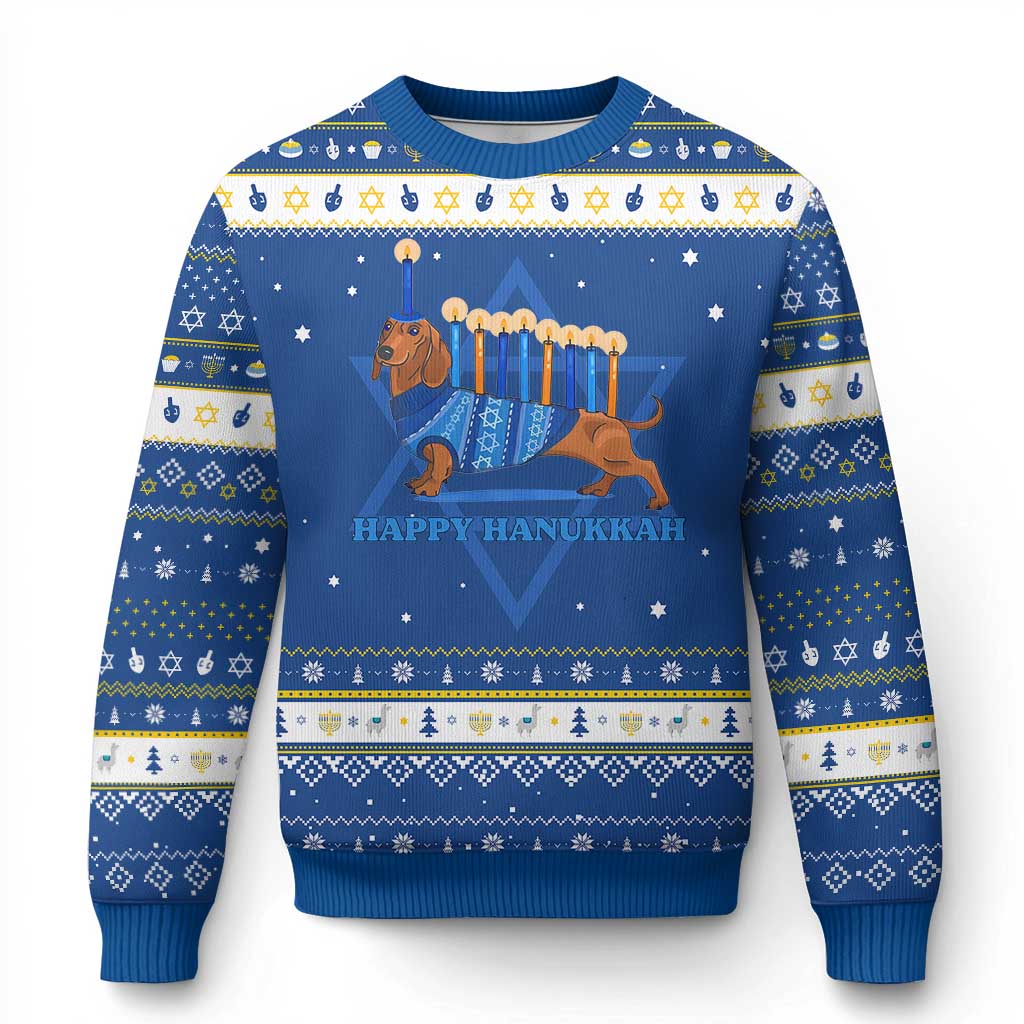 Happy Dachshund Hanukkah Ugly Sweater Wiener Dog Menorah Chanukah - Wonder Print Shop