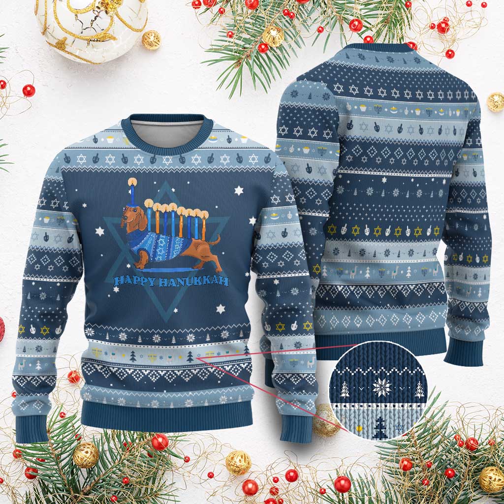 Happy Dachshund Hanukkah Ugly Sweater Wiener Dog Menorah Chanukah - Wonder Print Shop