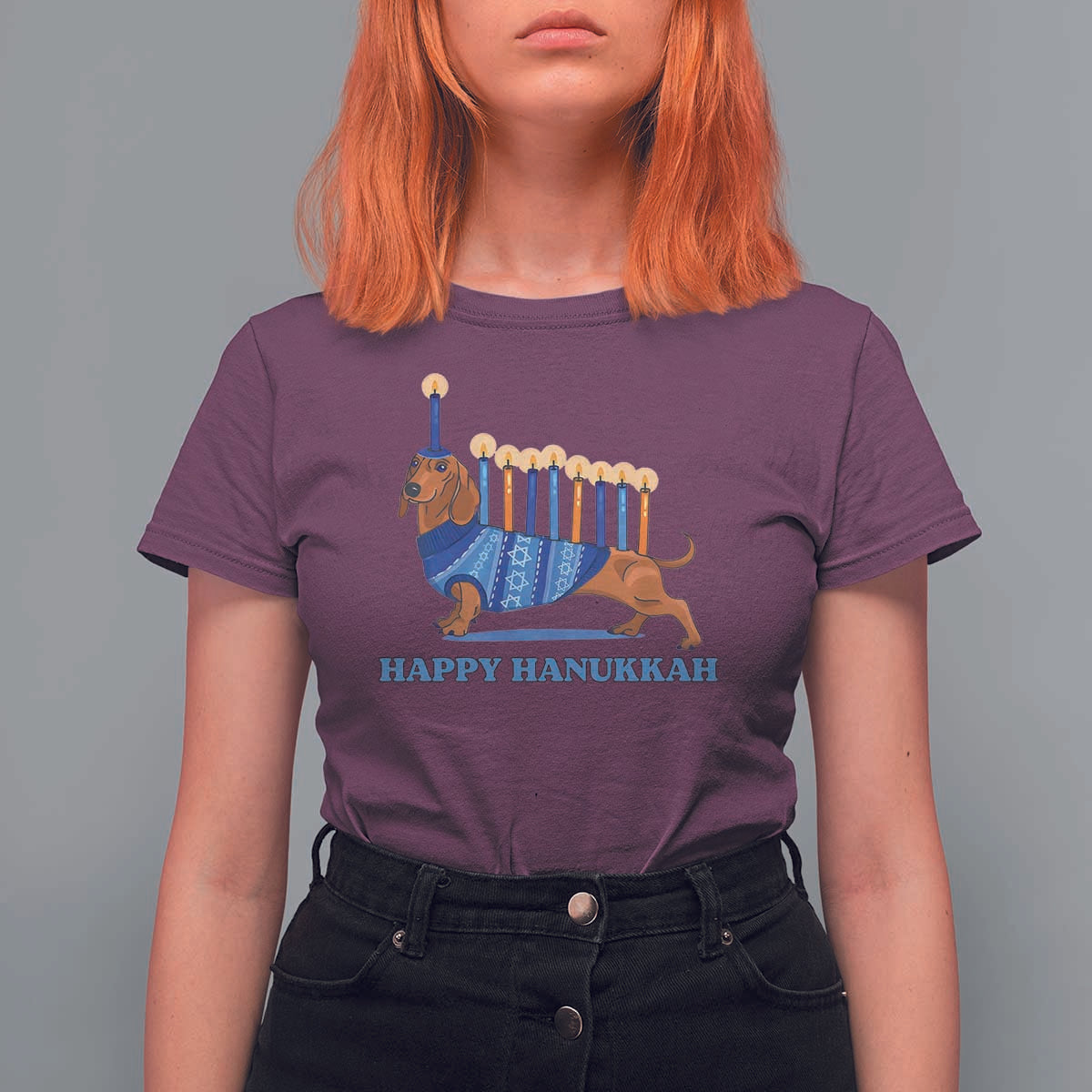 Funny Happy Hanukkah Dachshund Wiener Dog Menorah T Shirt For Women - Wonder Print Shop